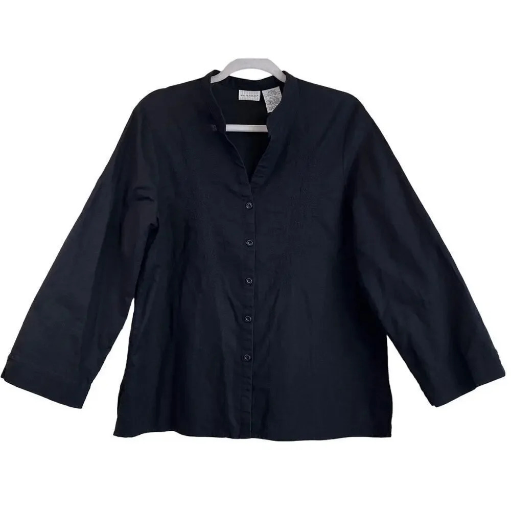 White StageWomens L(12-14)Black LinenBlendEmbroidery Stitch VNeck Casual Blouse